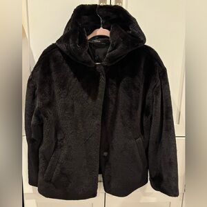 Zara Women's Cropped Hooded Black Faux Fur Jacket XS